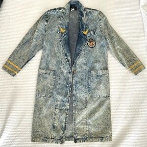 PH Collections 80s Vintage Long Acid-Wash Denim Coat with Patch & Stripe Details